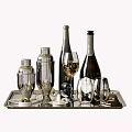 Elegant Wine Bottles and Glasses on Silver Tray with Cocktail Shakers Olives and Tools