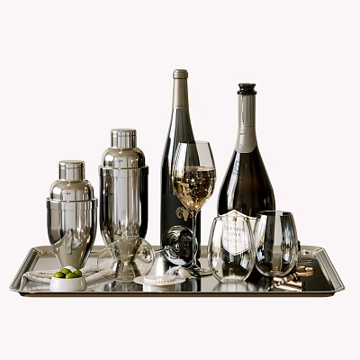 Elegant Wine Bottles and Glasses on Silver Tray with Cocktail Shakers Olives and Tools 3d model