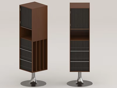 Modern Brown Bookcase Design With Black Panels Silver Base Shelves And Drawers 3d model