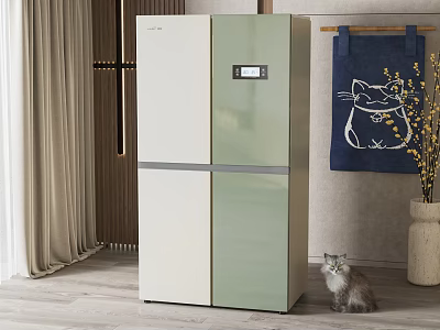 Green And White Double Door Refrigerator In Modern Kitchen Interior With Cat And Hanging Bag 3d model
