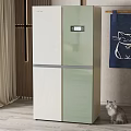Green And White Double Door Refrigerator In Modern Kitchen Interior With Cat And Hanging Bag