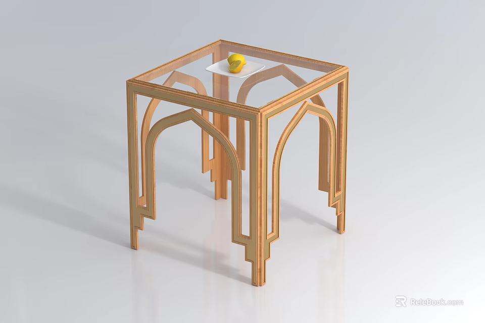 Modern Wooden Side Table With Glass Top And Decorative Arch Legs Holding Yellow Fruit 3d model 