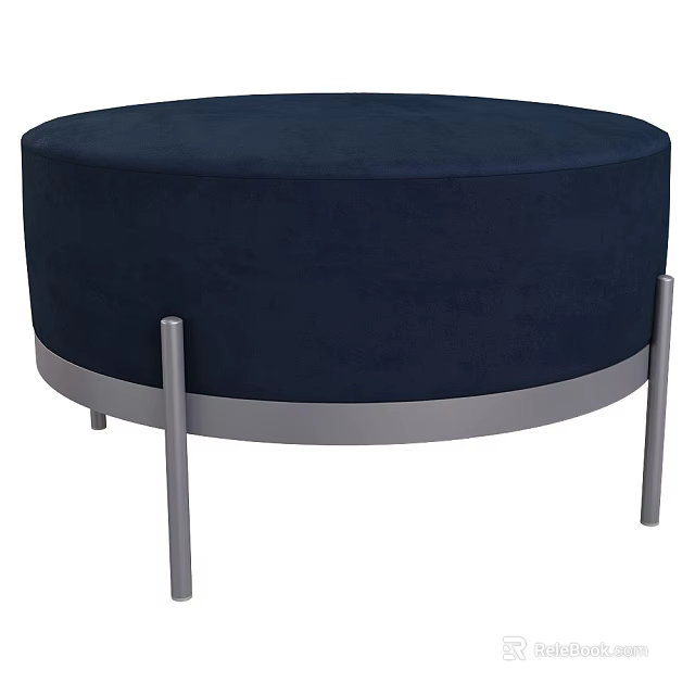 Modern Round Navy Blue Velvet Upholstered Ottoman With Metal Legs 3d model 