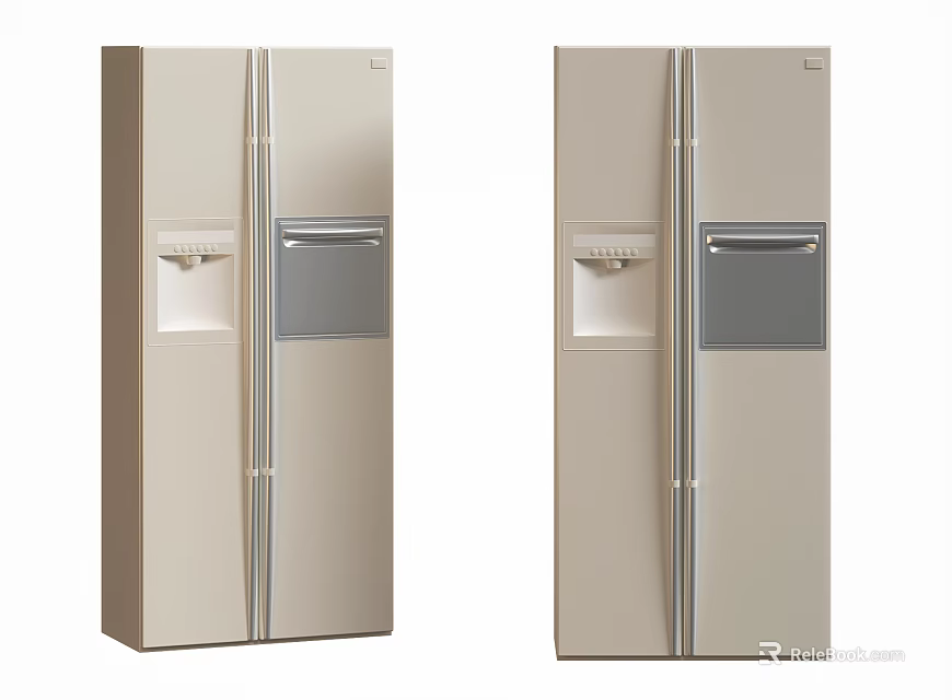 Two Beige Double Door Refrigerators Featuring Water Ice Dispenser For Modern Home Kitchen 3d model 