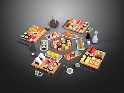 Assorted Sushi Platter Display With Sashimi Rolls Soy Sauce Wasabi And Chopsticks 3d model