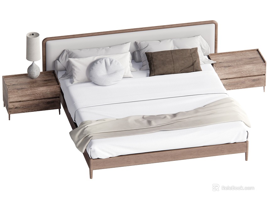 Modern Wooden Double Bed with White Sheets Pillows and Nightstands with Lamp 3d model 