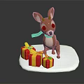 Cute Deer Figurine With Red Scarf Standing By Colorful Gift Boxes On White Platform