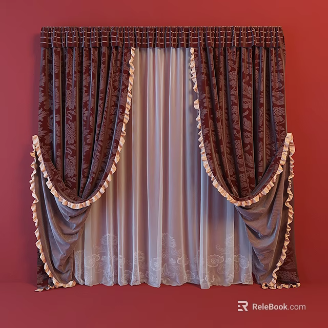 Dark Curtains with Frilled Edges and Sheer Panels Against Red Wall 3d model 