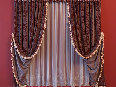 Dark Curtains with Frilled Edges and Sheer Panels Against Red Wall 3d model