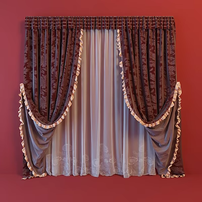 Dark Curtains with Frilled Edges and Sheer Panels Against Red Wall 3d model