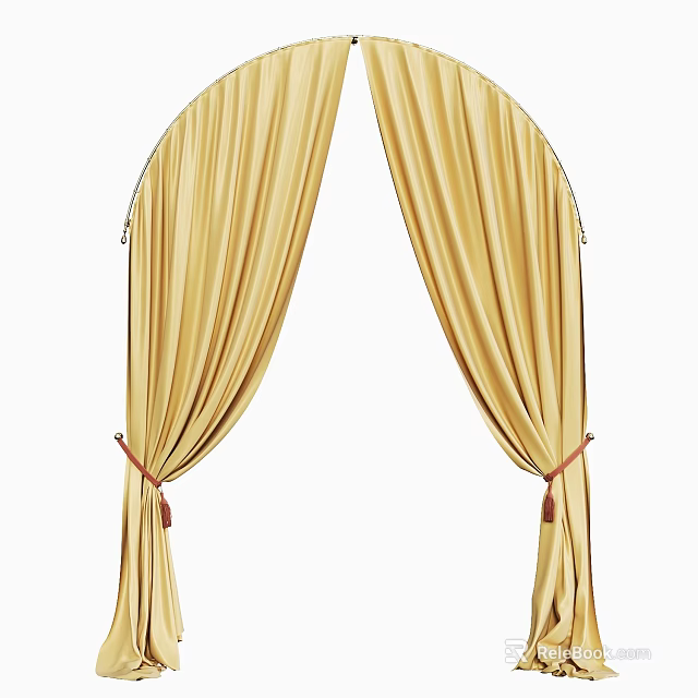 Luxurious Gold Velvet Curtains With Arched Design And Red Ties Detail 3d model 