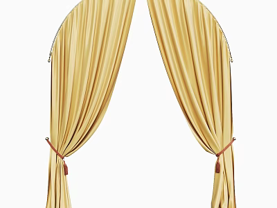Luxurious Gold Velvet Curtains With Arched Design And Red Ties Detail 3d model