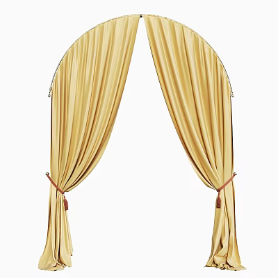 Luxurious Gold Velvet Curtains With Arched Design And Red Ties Detail 3d model