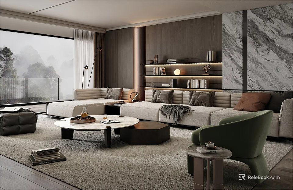 Modern Living Room Interior Design With L shaped Sofa Marble Coffee Table And Wooden Bookshelf 3d model 