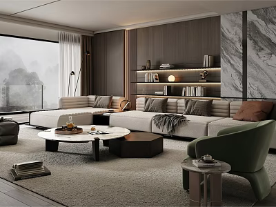 Modern Living Room Interior Design With L shaped Sofa Marble Coffee Table And Wooden Bookshelf 3d model