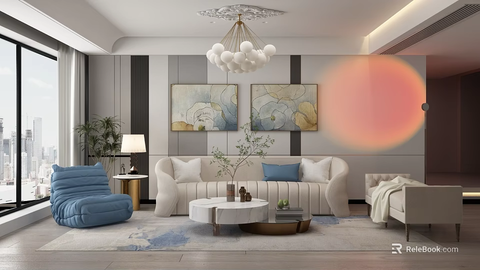 Modern Living Room Interior With Chandelier Wall Paintings Sofa Blue Armchair And Coffee Table 3d model 