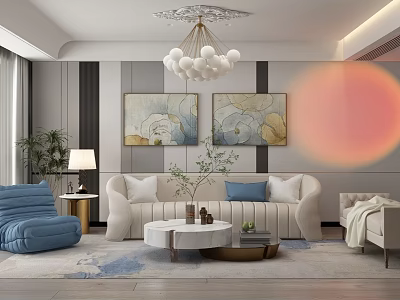 Modern Living Room Interior With Chandelier Wall Paintings Sofa Blue Armchair And Coffee Table 3d model