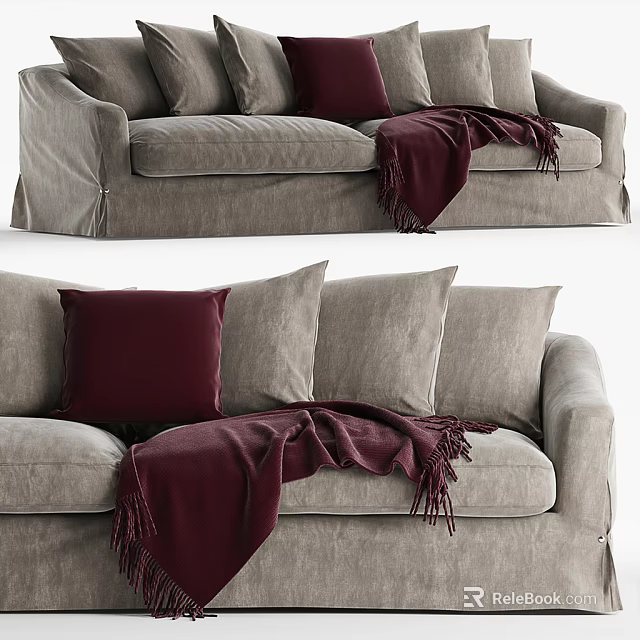 Comfortable Gray Sectional Sofa With Maroon Cushions And Fringed Throw Blanket 3d model
