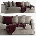 Comfortable Gray Sectional Sofa With Maroon Cushions And Fringed Throw Blanket 3d model