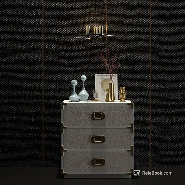 Elegant White Bedside Table With Drawers Gold Candle Holders Vase And Decorative Book 3d model 