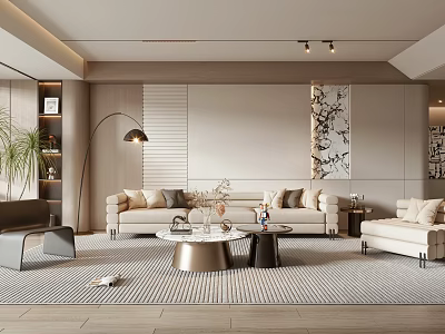 Modern Living Room Interior With Beige Sofas Round Coffee Tables Floor Lamp And Striped Rug 3d model