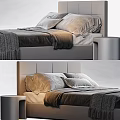 Modern Upholstered Double Bed With Plush Pillows And Soft Gray Blanket