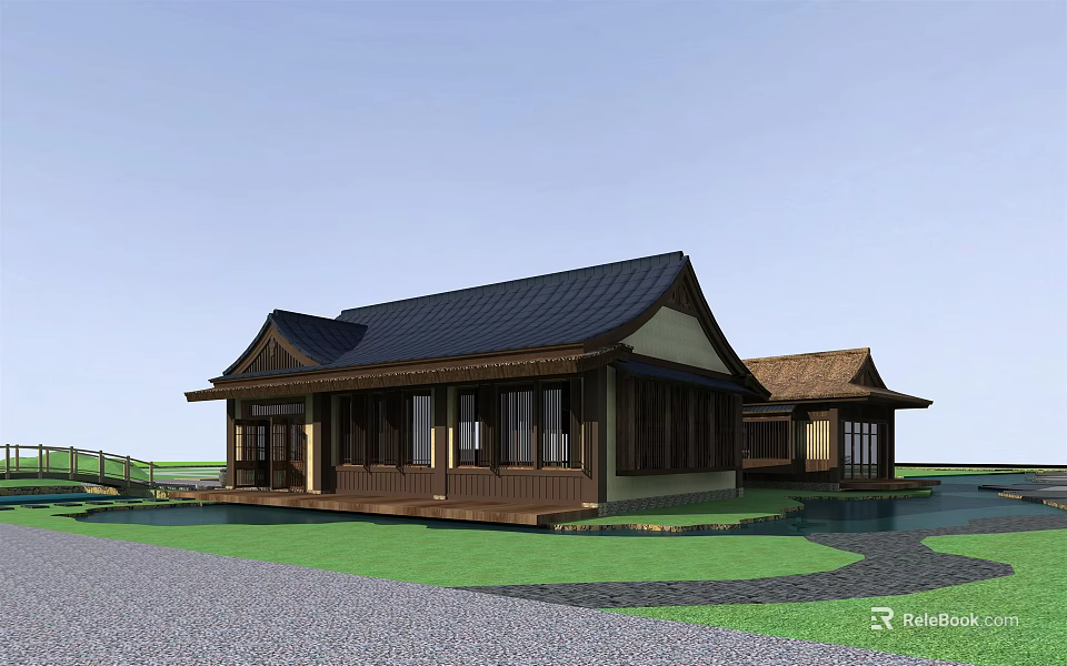 Traditional Style Detached Villa With Black Roof Wooden Structure And Lawn Water Feature 3d model 