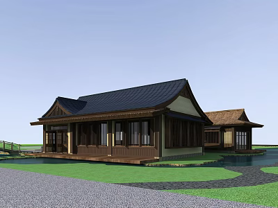 Traditional Style Detached Villa With Black Roof Wooden Structure And Lawn Water Feature 3d model