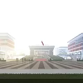 Modern Office Buildings with Central Hall and Red Flag Front Plaza Greenery and People Walking