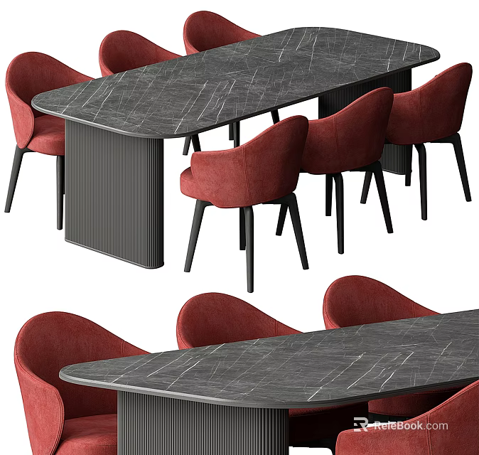 Modern Dining Table Set With Grey Marble Top And Red Upholstered Chairs 3d model