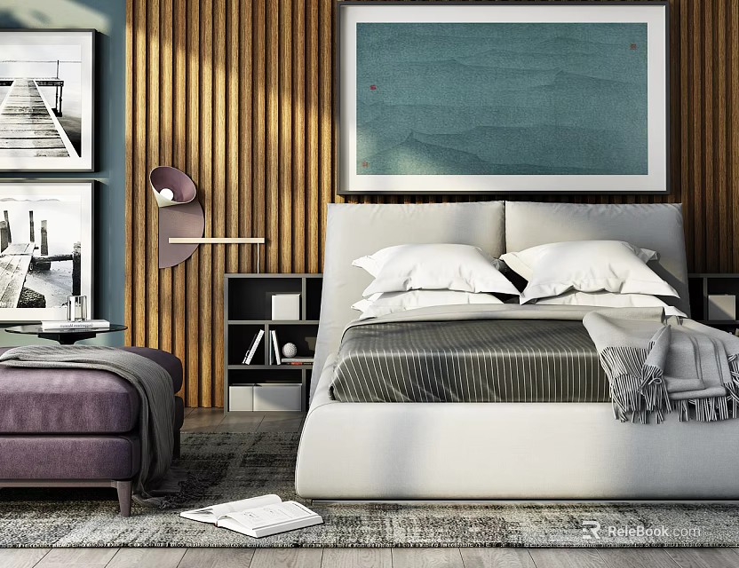 Modern Double Bed In Bedroom With White Headboard Wooden Wall And Decorative Painting 3d model 