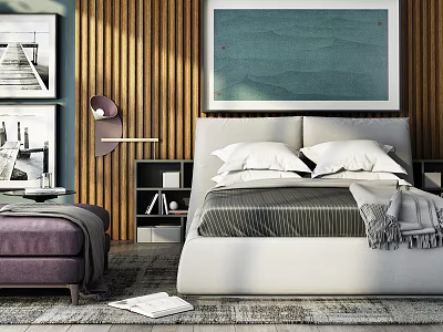 Modern Double Bed In Bedroom With White Headboard Wooden Wall And Decorative Painting 3d model