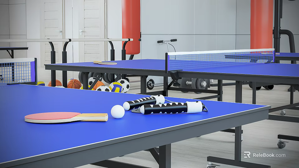 Sports Equipment Collection Featuring Blue Ping Pong Table With Paddles Balls And Dumbbells 3d model 