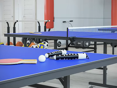 Sports Equipment Collection Featuring Blue Ping Pong Table With Paddles Balls And Dumbbells 3d model
