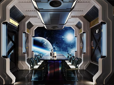 Futuristic Space Capsule Meeting Room With Conference Table And Starry Space View 3d model