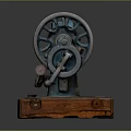 Vintage Blue Sewing Machine With Rustic Finish On Wooden Base