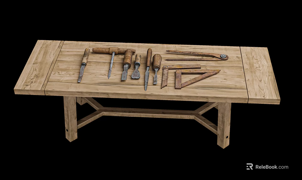 Wooden Table With Various Woodworking Tools Including Chisels Ruler And Square 3d model 