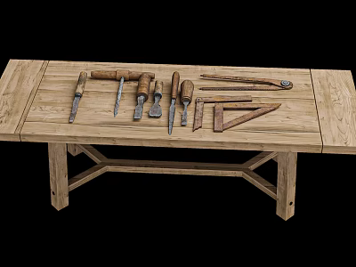 Wooden Table With Various Woodworking Tools Including Chisels Ruler And Square 3d model