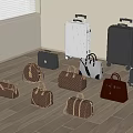 Fashionable Luggage and Bags Various Styles Different Colors Displayed in Room Corner on Wooden Floor
