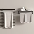 White Bath Towels and Hand Towels on Black Towel Rack With Shelf and Toiletries in Bathroom