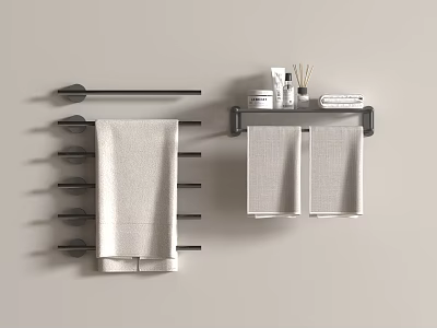 White Bath Towels and Hand Towels on Black Towel Rack With Shelf and Toiletries in Bathroom 3d model