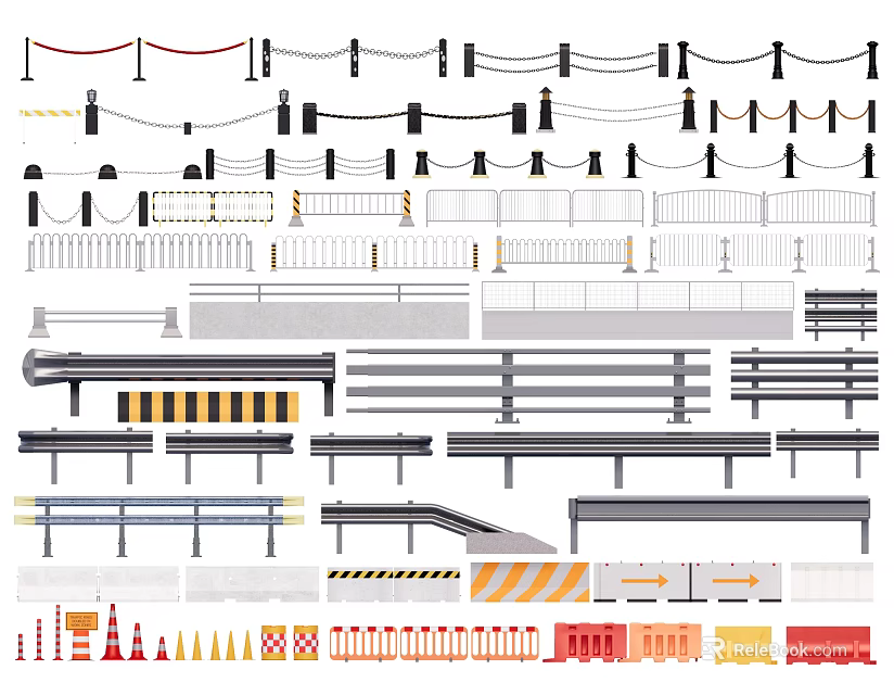 Essential Road Safety Facilities Including Guardrails Traffic Cones Barriers And Reflective Strips 3d model 