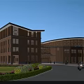 Modern Red Brick Office Building Exterior With Circular Structure Lawn Greenery And Car
