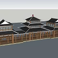 Traditional Chinese Multi Story Wooden Architecture With Classic Eaves And Red Decorations