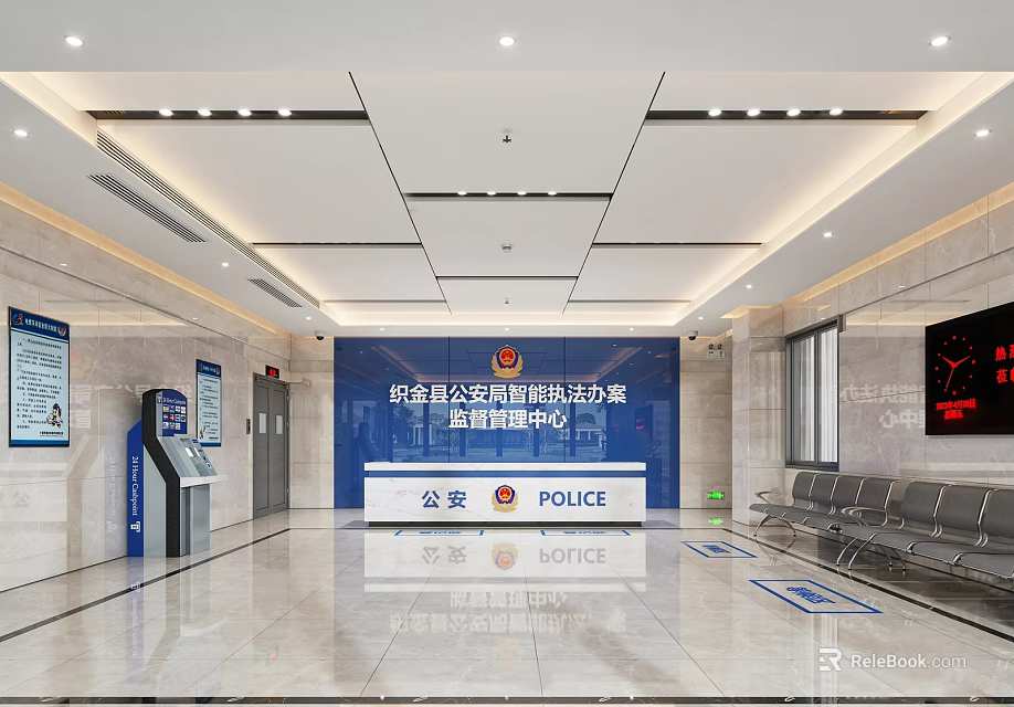 Modern Police Command Center Lobby Reception Desk Featuring Police Signage And Seating Arrangement 3d model 