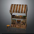 Rustic Fruit Stall Featuring Striped Awning Wooden Shelves Fruit Baskets And Small Stool