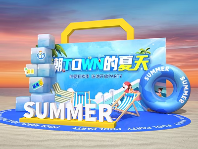 Summer Town Photo Check In Spot With Beach Chair Inflatable Ring And Blue Carpet 3d model