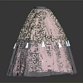 Floral Print Full Skirt with Black Yellow Pattern Gray Bottom Hem and White Tassels