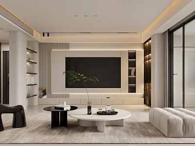 Modern Living Room Interior With TV Wall Shelves Sofa Coffee Tables And Green Plant 3d model