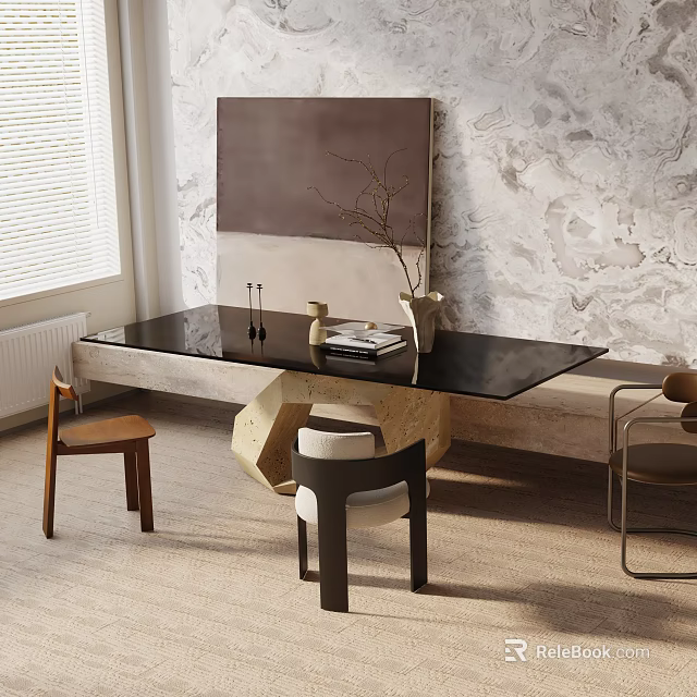 Modern Black Glass Top Dining Table Set With Various Designed Chairs And Textured Wall Art 3d model 